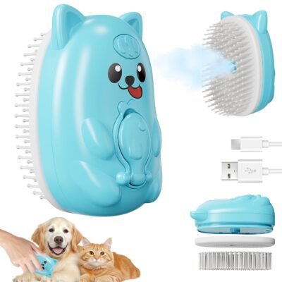 Three-in-one pet steam comb (sky blue): spray hair removal and grooming in one