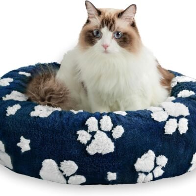 Paw Print Pet Round Bed - Removable Washable Non-Slip 3D Texture Donut Bed