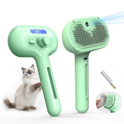 Electronic Spray Pet Grooming Brush (Green) Gentle hair removal and promotes health, with smoothing comb