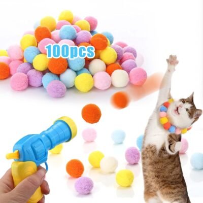 Cat Toys Interactive for Indoor Cats,100pcs  Balls with Launcher Set, Kitten Toys for Cats Self Play,Cute Cat Ball Toy for Cat Enrichment