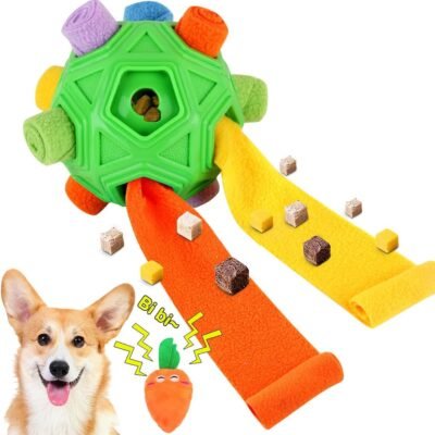 Dog Snuffle Ball-Interactive Puzzle Dog Toys Encourage Natural Foraging Skills Slow Feeder for Training and Stress Relief, Cloth Strip Hiding Food Chew Toys for Any Size Dogs with Squeaky Carrot Toy