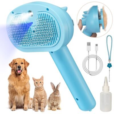 Four-in-one pet steam hair removal brush (blue): spray, LED blue light, self-cleaning with water tank