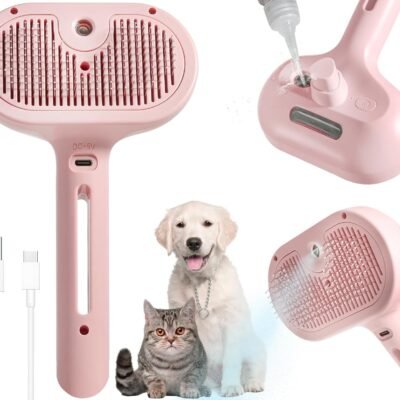 Spray-type cat hair removal comb (pink): with water tank and release button, multi-purpose for bathing and grooming