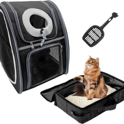 Soft-Sided Cat Carrier Backpack & Foldable Travel Litter Box for Cats, Portable Cat Litter Box with Lid Fit for Pet Cats or Kitten Up to 20lbs, Cat Essentials for Outdoor Traveling