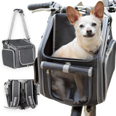 Dog Bike Basket, Mesh Windows, 2 Safety Leashes, Soft Sided, Safe Comfortable Pet Carrier for Small Dogs, Cats (Grey)